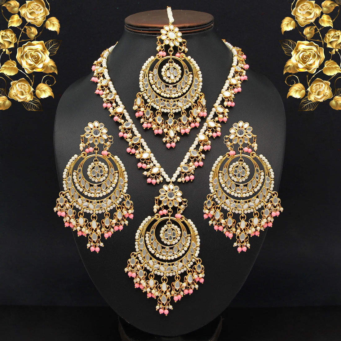 Pink Color Kundan Mirror Necklaces Set Jewellery GetGlit