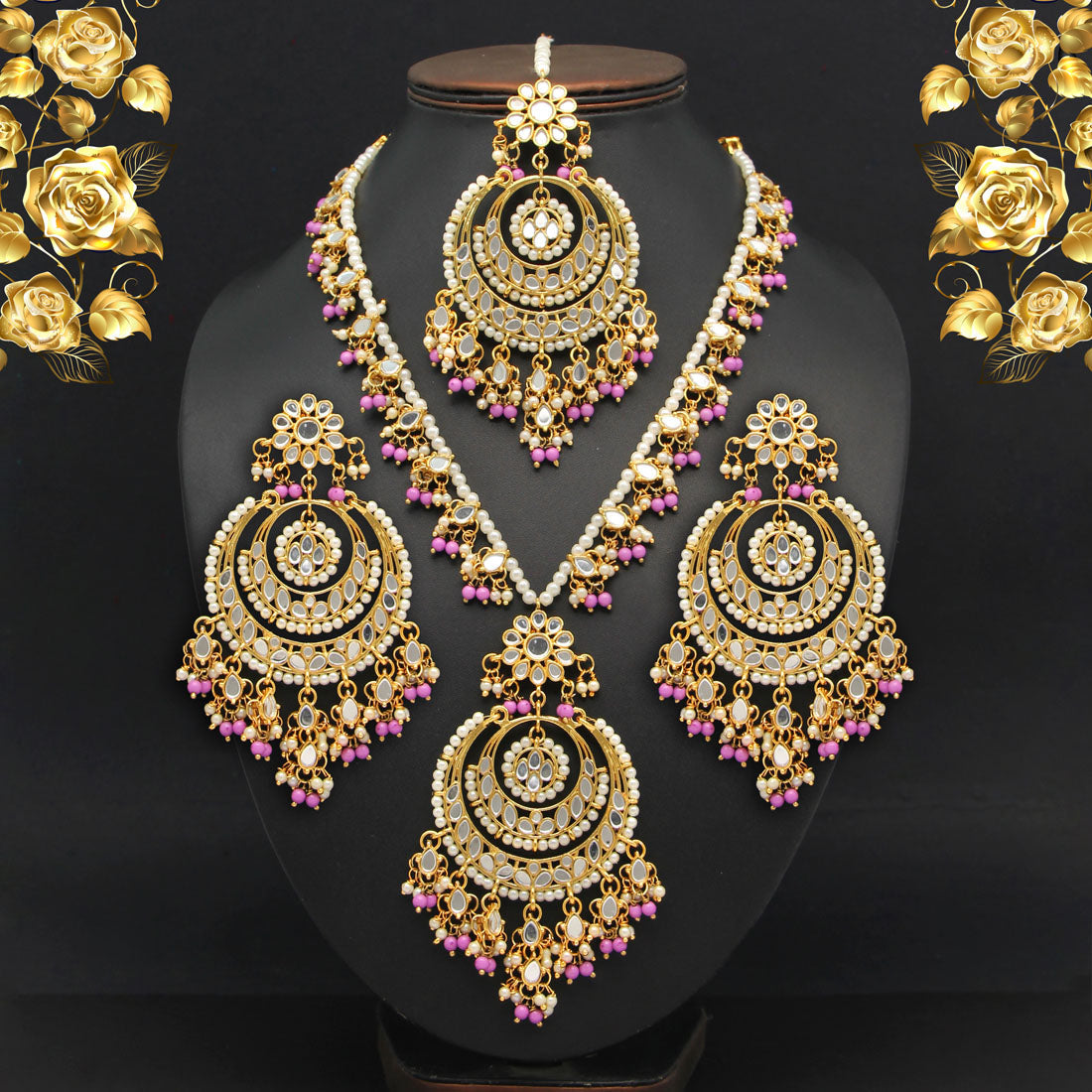 Purple Color Kundan Mirror Necklaces Set Jewellery GetGlit