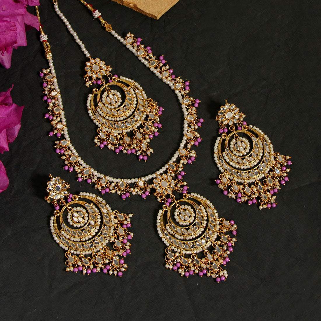 Purple Color Kundan Mirror Necklaces Set Jewellery GetGlit