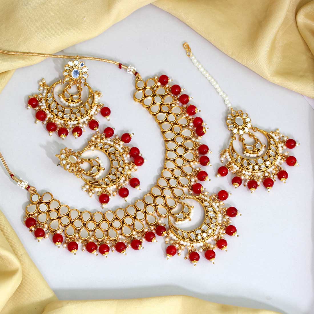 Maroon Color Kundan Mirror Necklaces Set (MRN110RED) Jewellery GetGlit