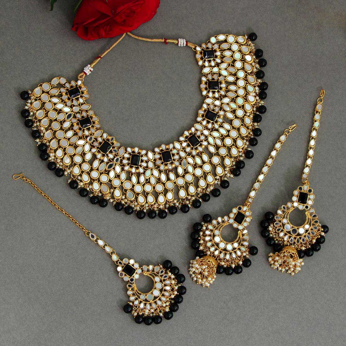 Black Color Kundan Mirror Necklaces Set (MRN113BLK)