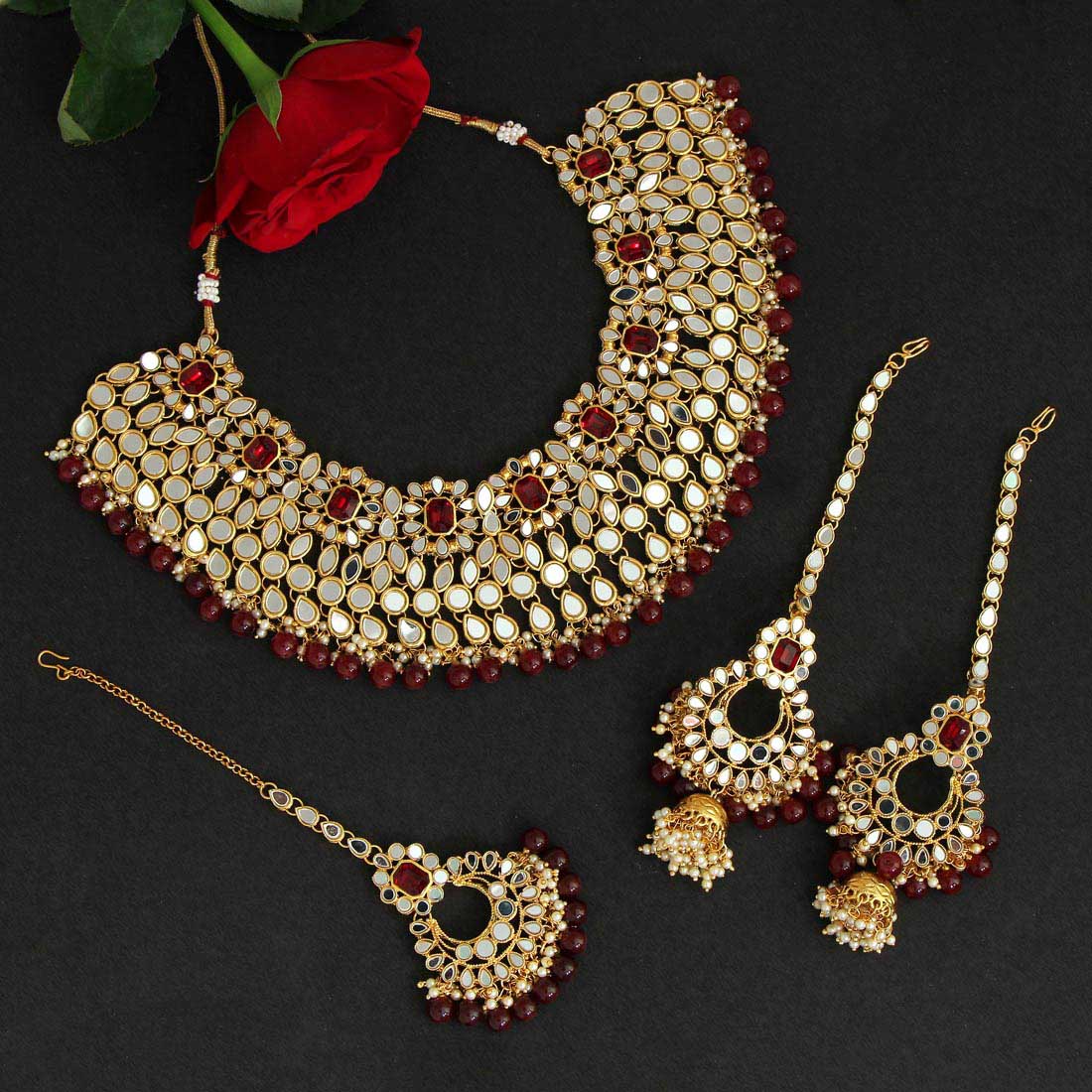 Maroon Color Kundan Mirror Necklaces Set (MRN113MRN)