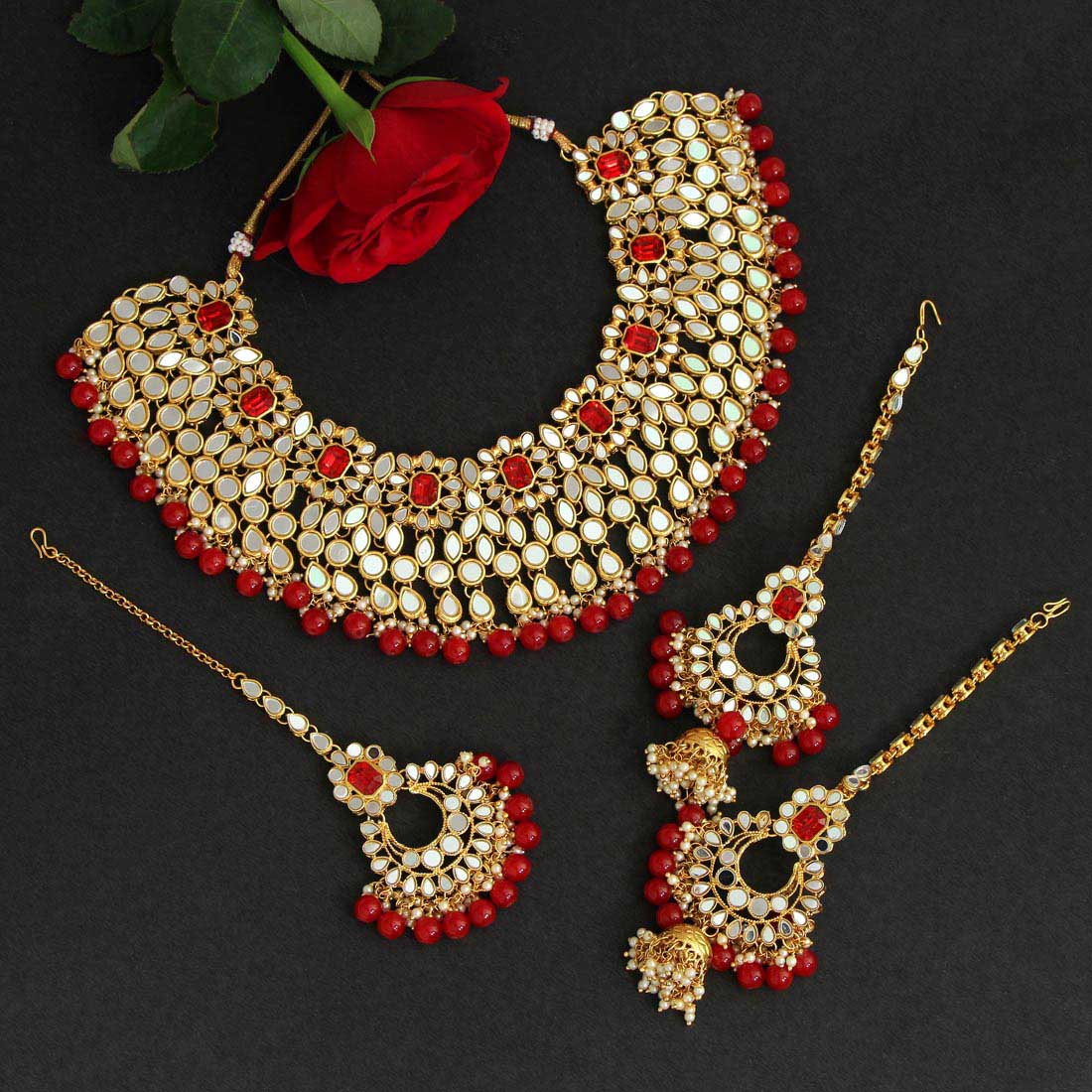 Red Color Kundan Mirror Necklaces Set (MRN113RED) Jewellery GetGlit   