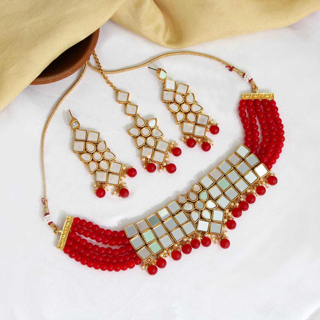 Red Color Choker Kundan Mirror Necklaces Set (MRN114RED) Jewellery GetGlit   