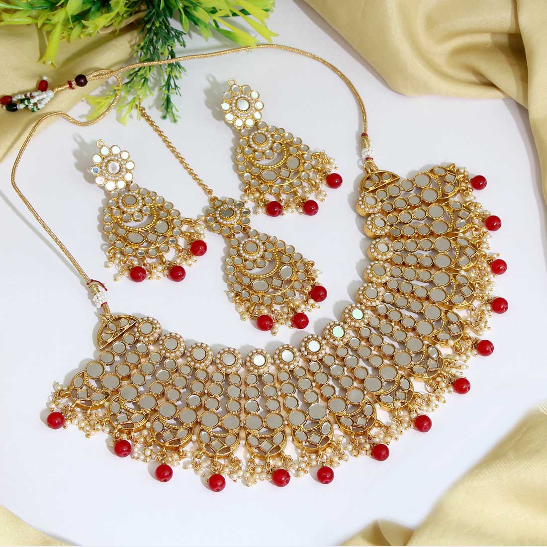 Red Color Kundan Mirror Necklaces Set (MRN118RED) Jewellery GetGlit