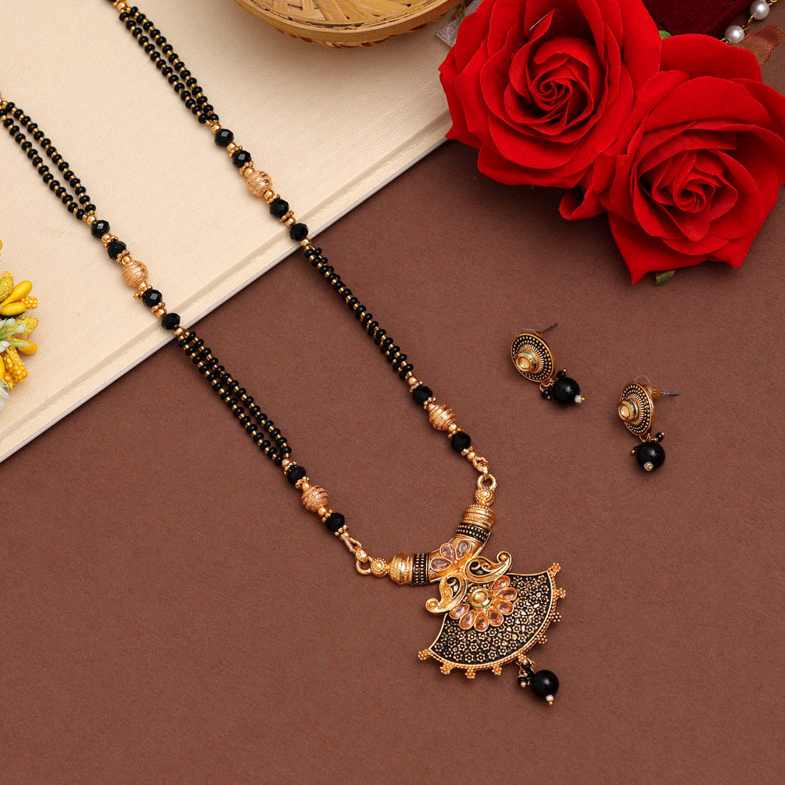 Gold Color Long Mangalsutra With Earrings (MS317GLD) Jewellery GetGlit