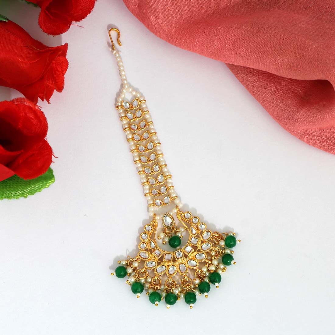 Green Color Kundan Maang Tikka Jewellery GetGlit