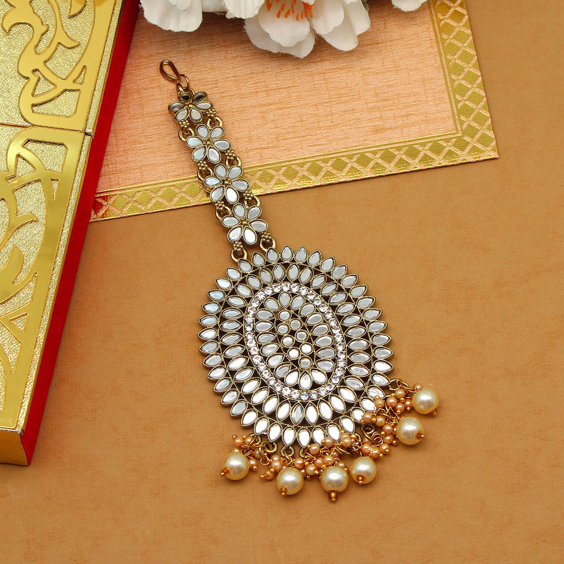 Gold Color Mirror Work Maang Tikka (MTK539GLD) Jewellery GetGlit