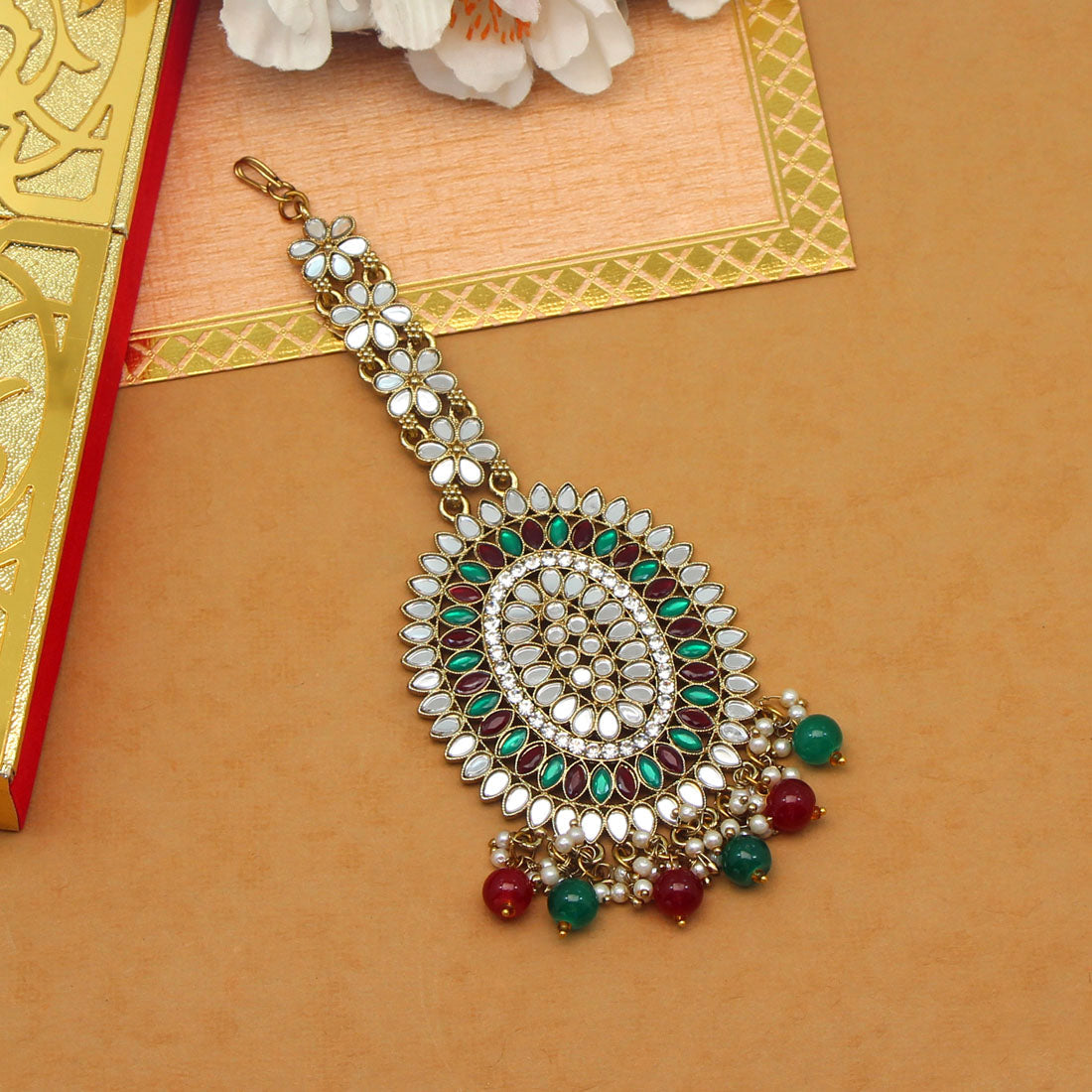 Maroon & Green Color Mirror Work Maang Tikka (MTK539MG) Jewellery GetGlit