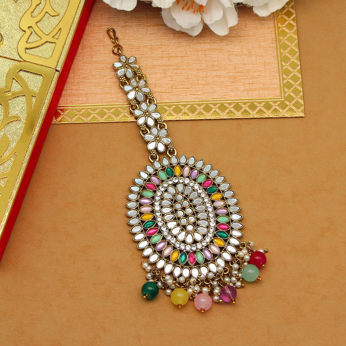 Multi Color Mirror Work Maang Tikka (MTK539MLT) Jewellery GetGlit