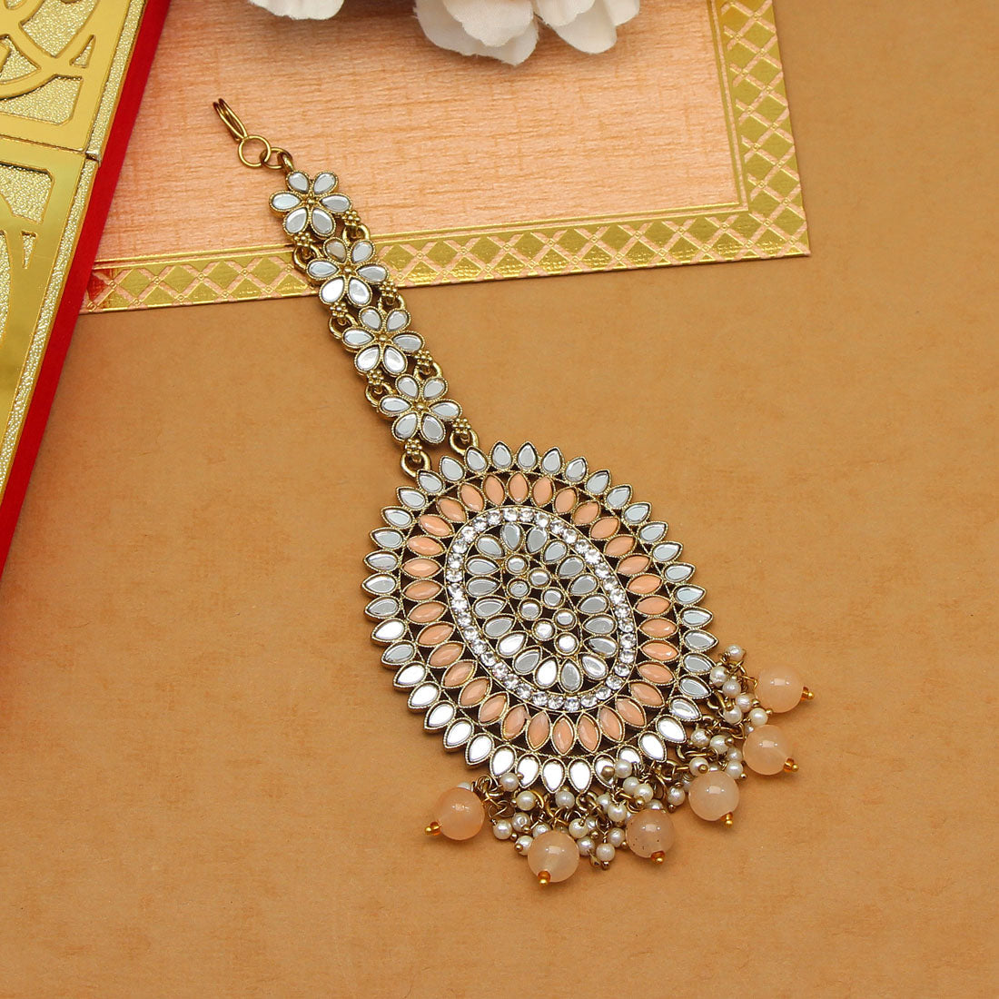 Peach Color Mirror Work Maang Tikka (MTK539PCH) Jewellery GetGlit