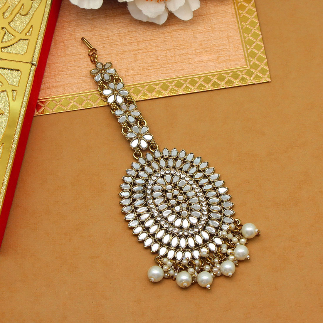 White Color Mirror Work Maang Tikka (MTK539WHT) Jewellery GetGlit