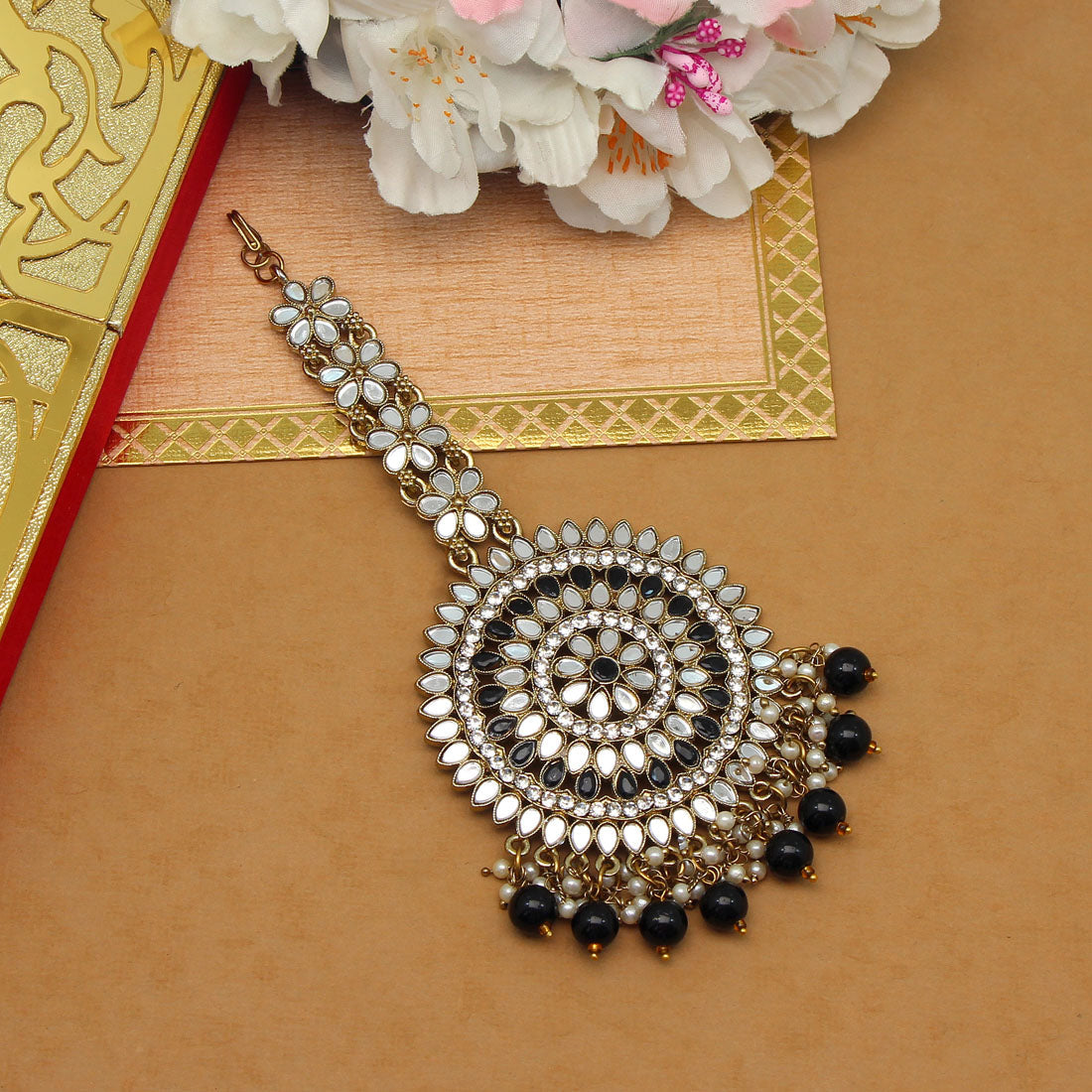 Black Color Mirror Work Maang Tikka (MTK540BLK) Jewellery GetGlit