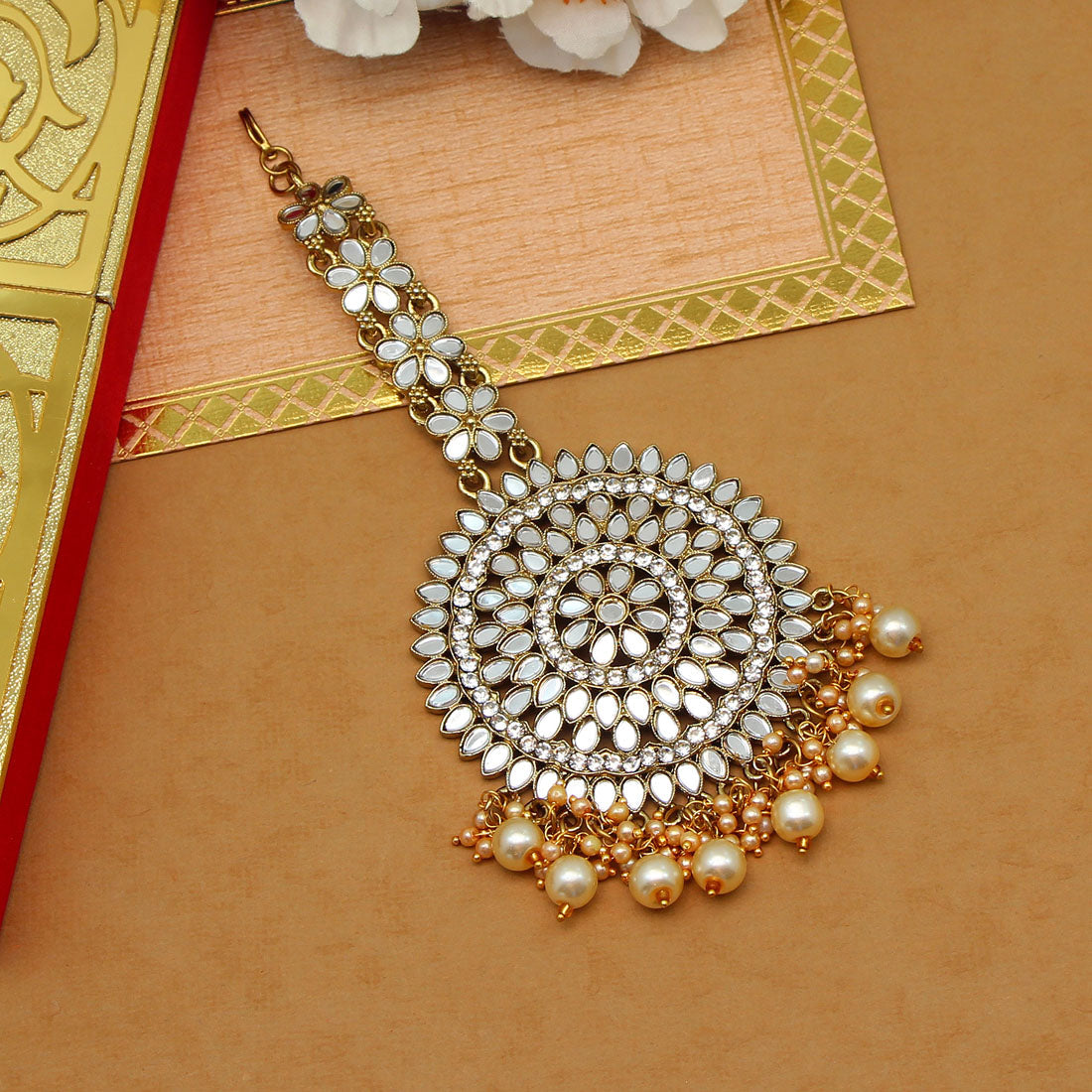 Gold Color Mirror Work Maang Tikka (MTK540GLD) Jewellery GetGlit