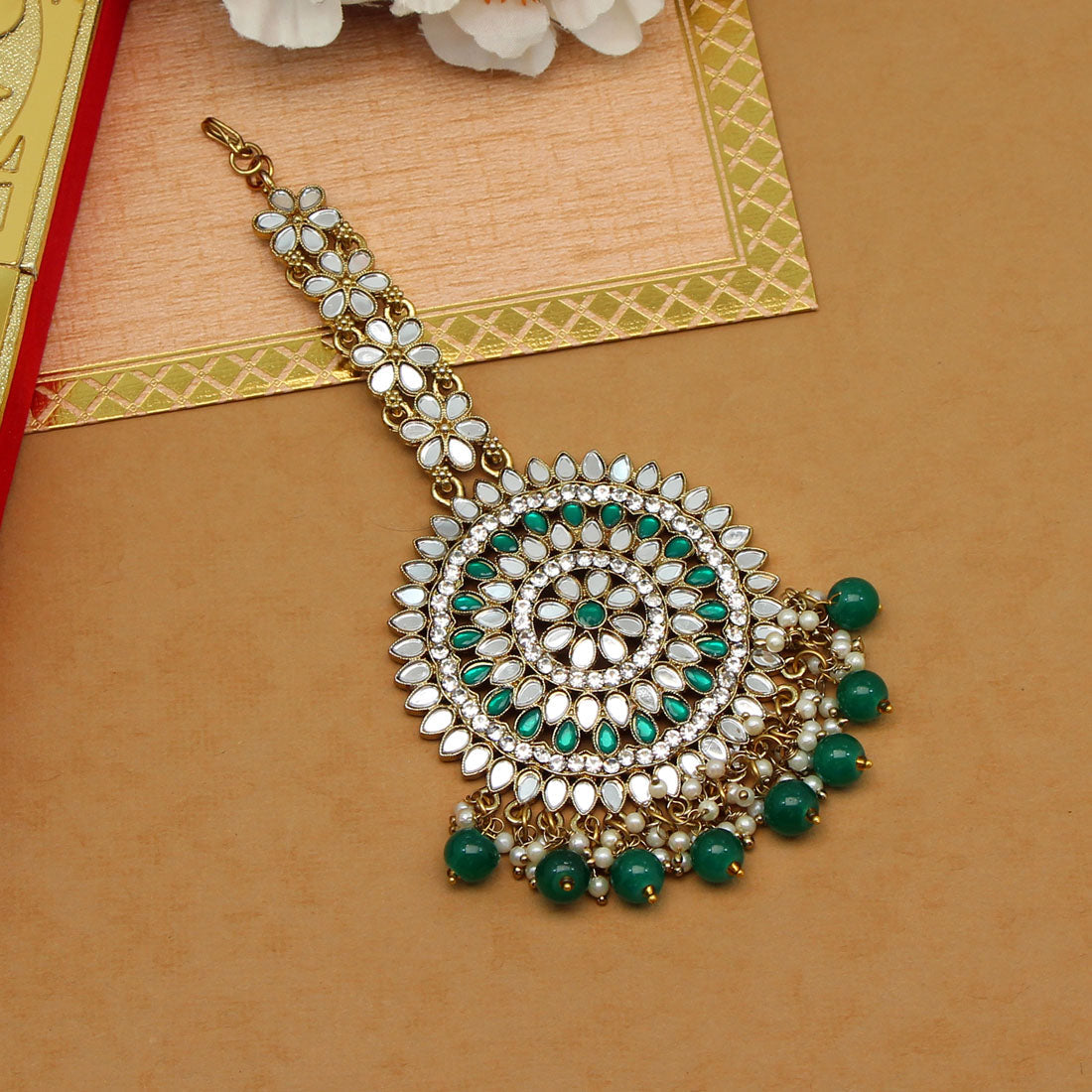 Green Color Mirror Work Maang Tikka (MTK540GRN) Jewellery GetGlit