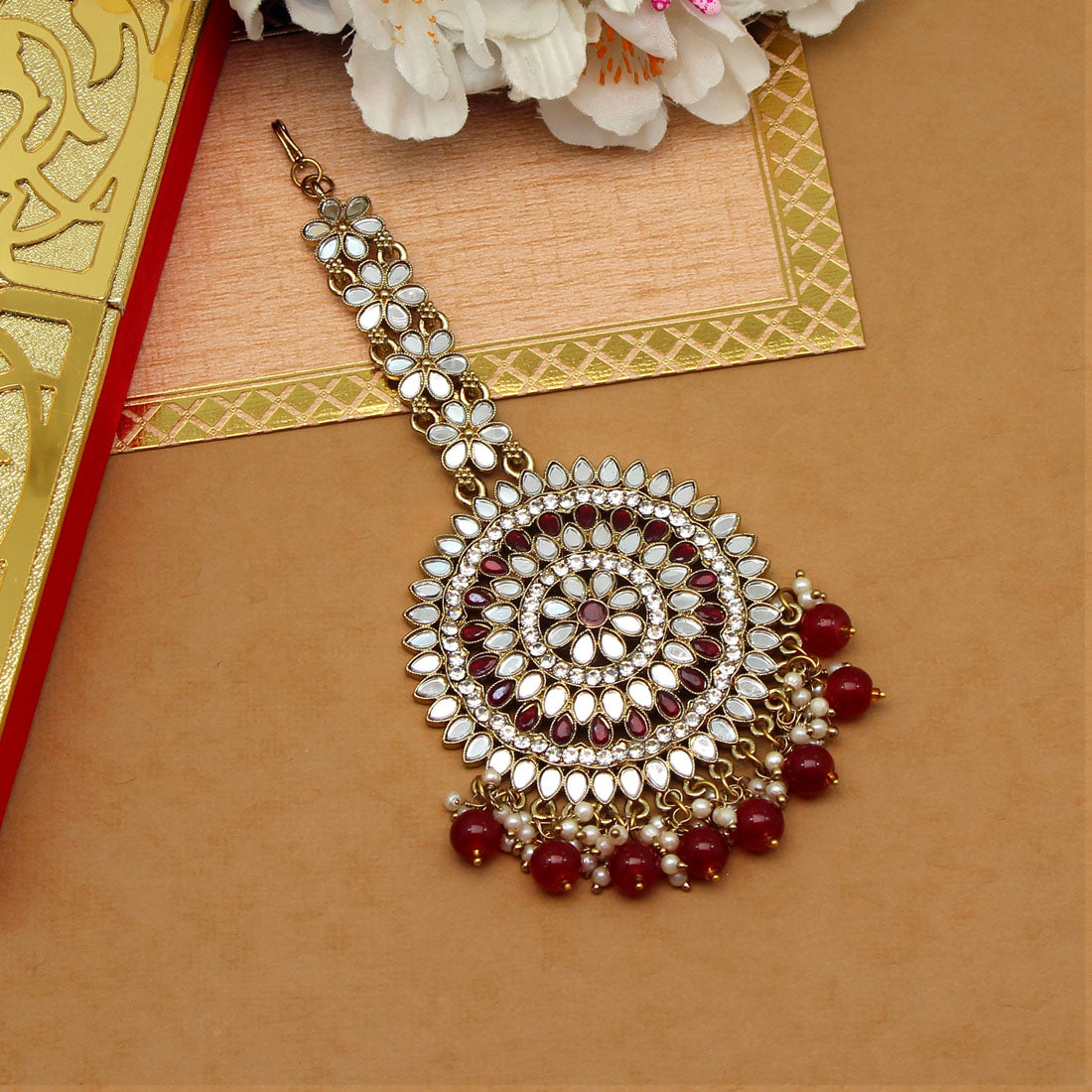 Maroon Color Mirror Work Maang Tikka (MTK540MRN) Jewellery GetGlit