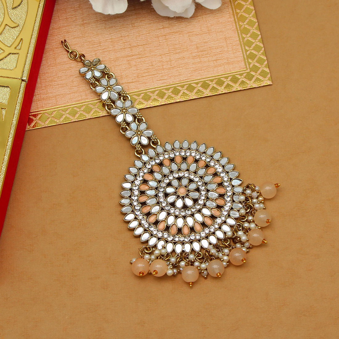 Peach Color Mirror Work Maang Tikka (MTK540PCH) Jewellery GetGlit