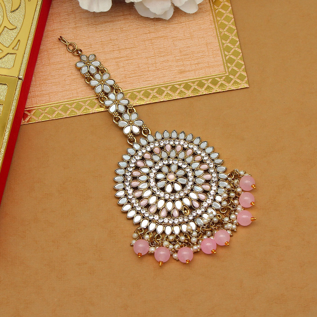 Pink Color Mirror Work Maang Tikka (MTK540PNK) Jewellery GetGlit