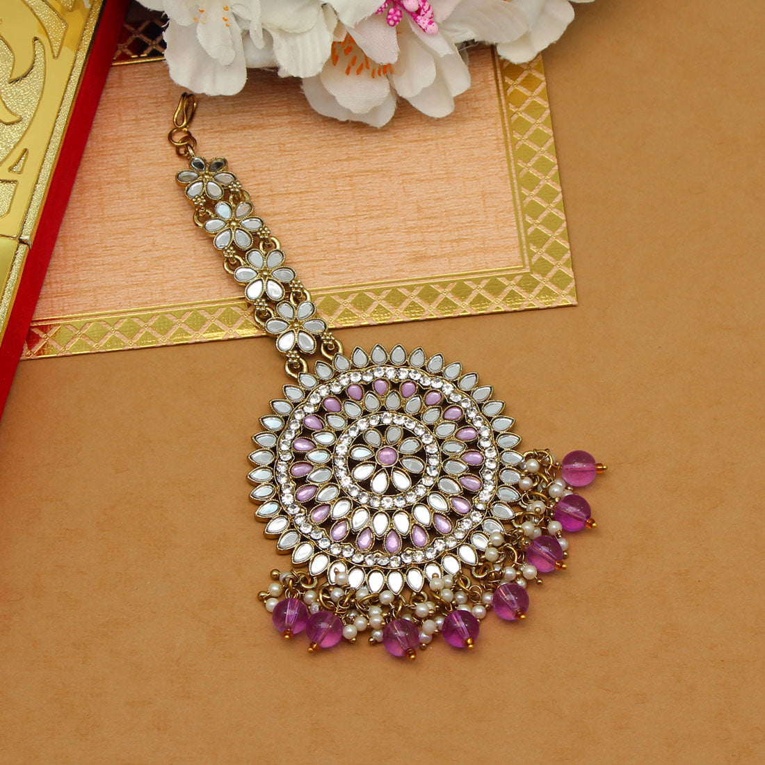 Purple Color Mirror Work Maang Tikka (MTK540PRP) Jewellery GetGlit