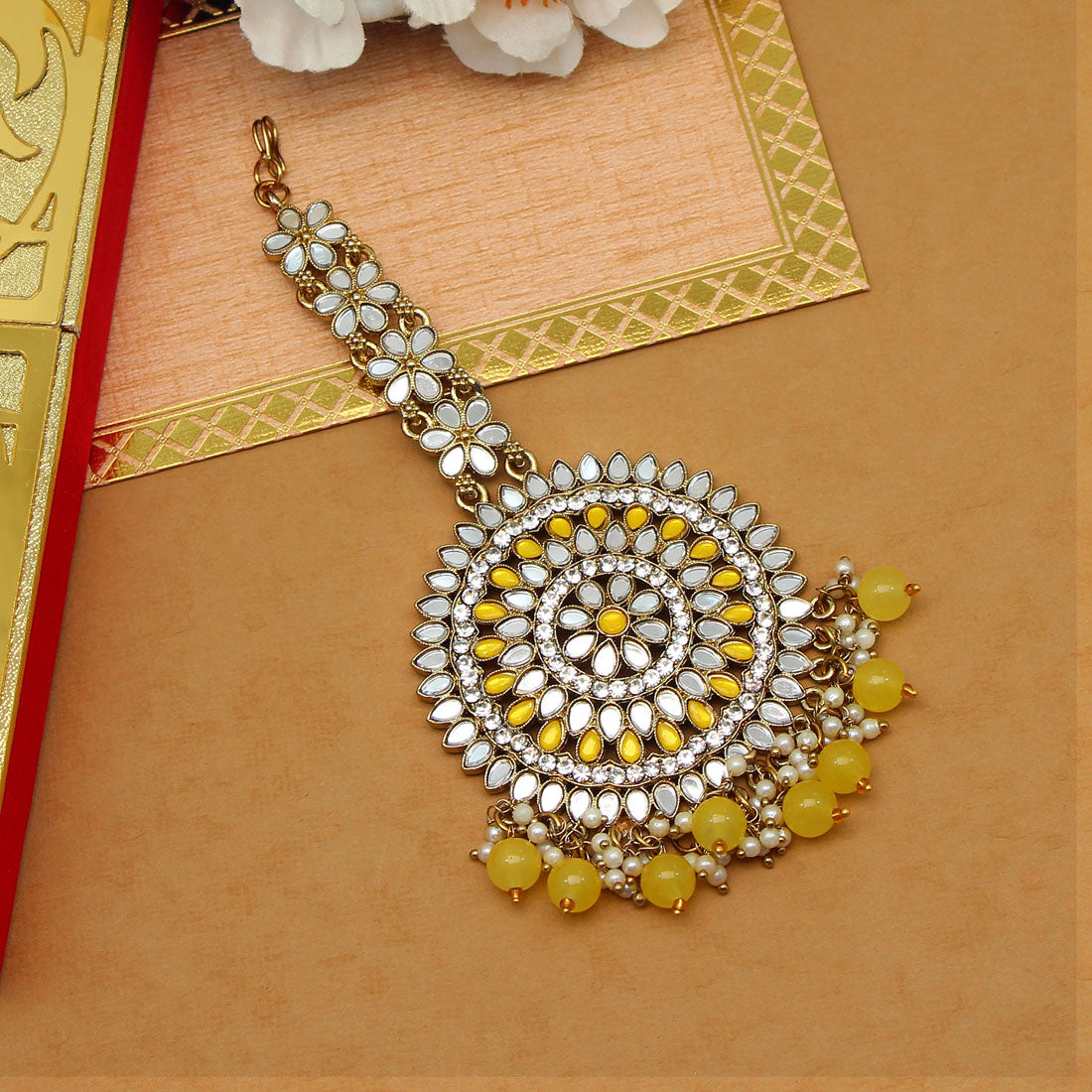 Yellow Color Mirror Work Maang Tikka (MTK540YLW) Jewellery GetGlit