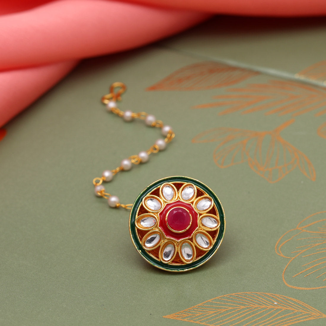 Maroon & Green Color Kundan Meena Borla Tikka (MTK543MG)