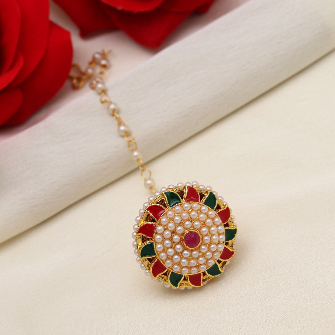 Maroon & Green Color Meena Work Borla Tikka (MTK549MG) Jewellery GetGlit   