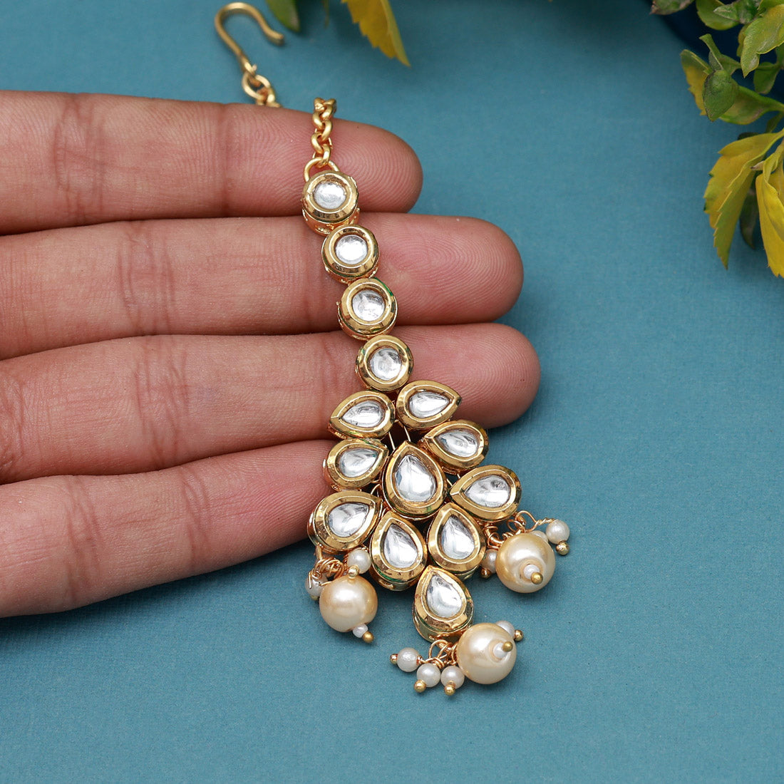 Gold Color Meena Work Kundan Maang Tikka (MTK555GLD)