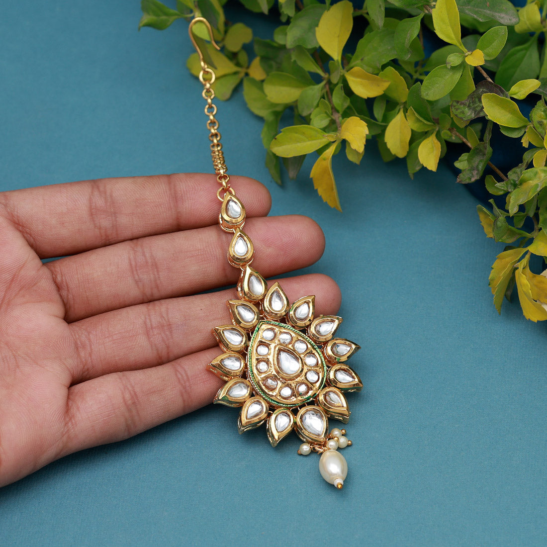 White Color Meena Work Kundan Maang Tikka (MTK561WHT)