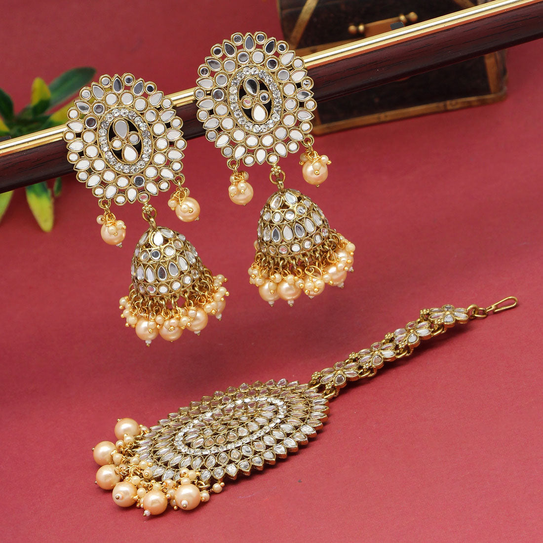 Gold Color Mirror Kundan Earrings With Maang Tikka (MTKE459GLD) Jewellery GetGlit