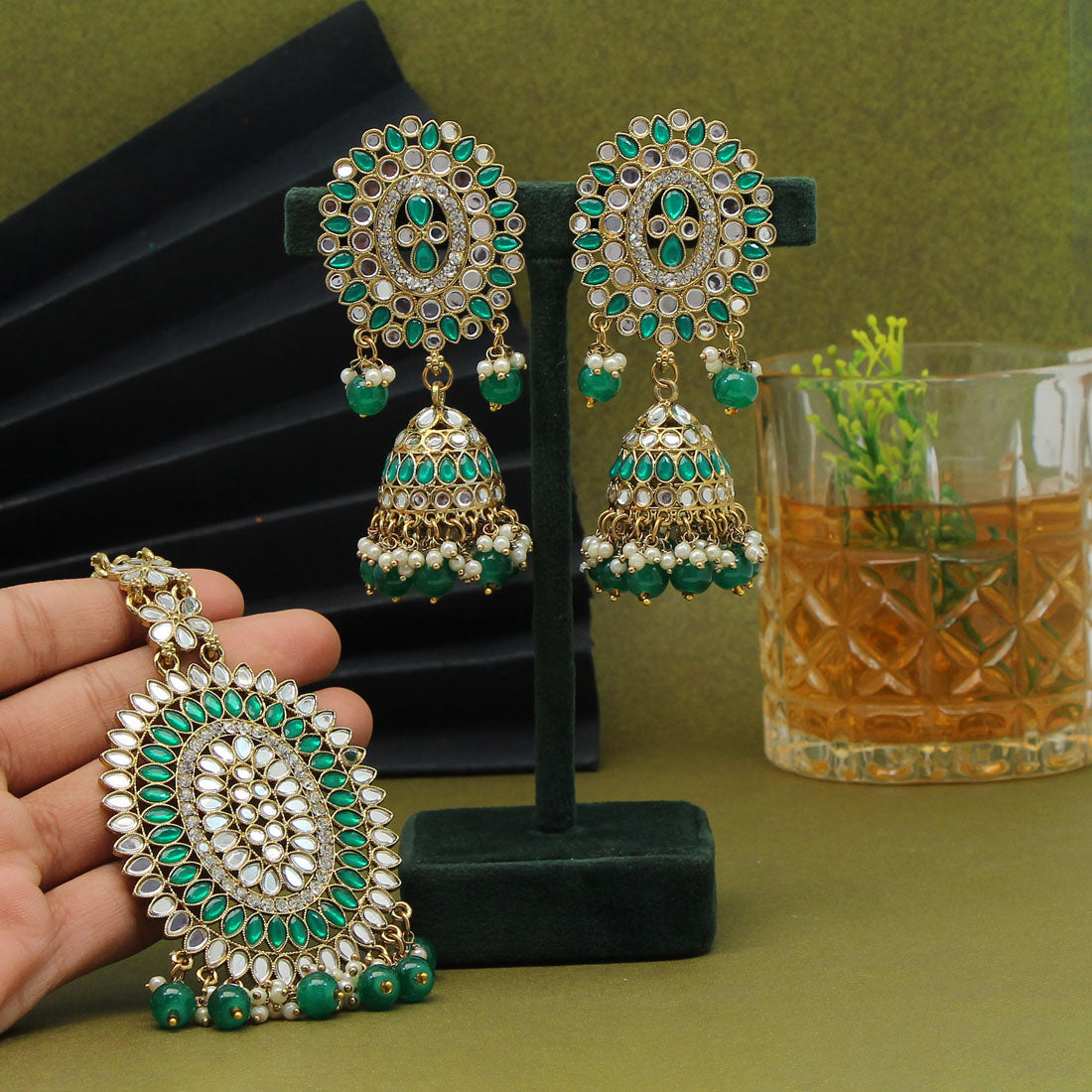 Green Color Mirror Kundan Earrings With Maang Tikka (MTKE459GRN) Jewellery GetGlit