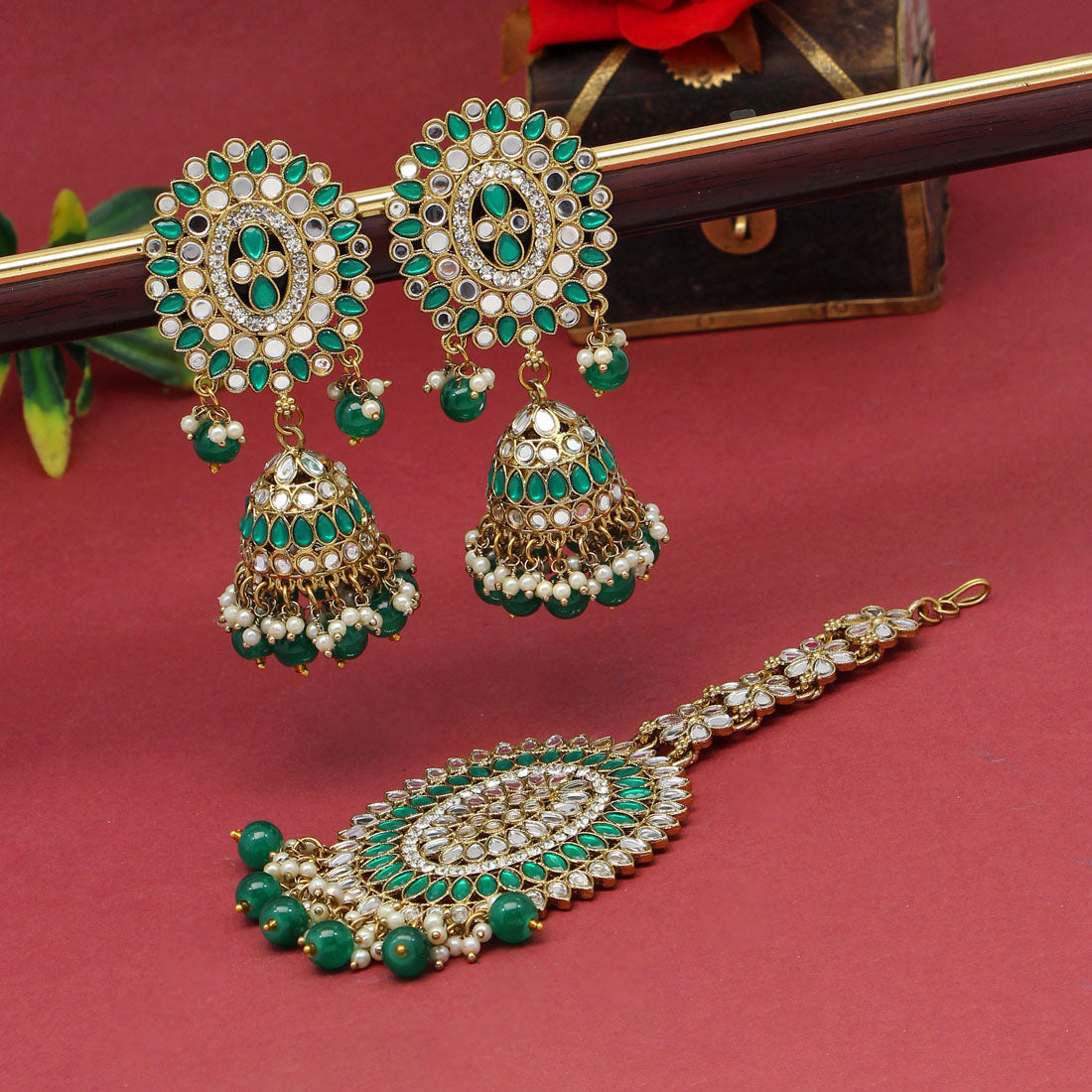 Green Color Mirror Kundan Earrings With Maang Tikka (MTKE459GRN) Jewellery GetGlit