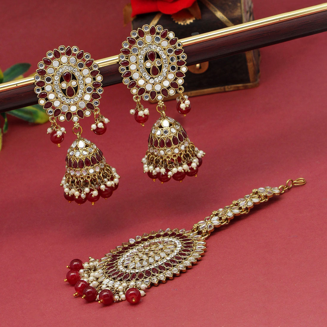 Maroon Color Mirror Kundan Earrings With Maang Tikka (MTKE459MRN)