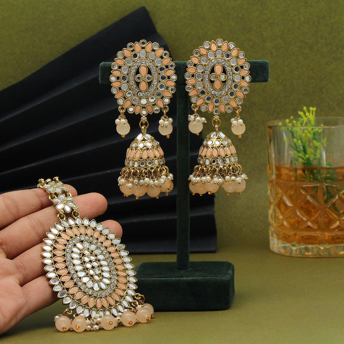 Peach Color Mirror Kundan Earrings With Maang Tikka (MTKE459PCH) Jewellery GetGlit