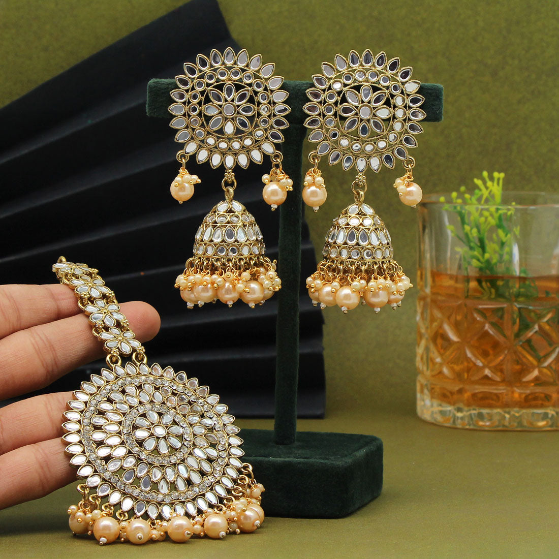 Gold Color Mirror Kundan Earrings With Maang Tikka (MTKE460GLD) Jewellery GetGlit