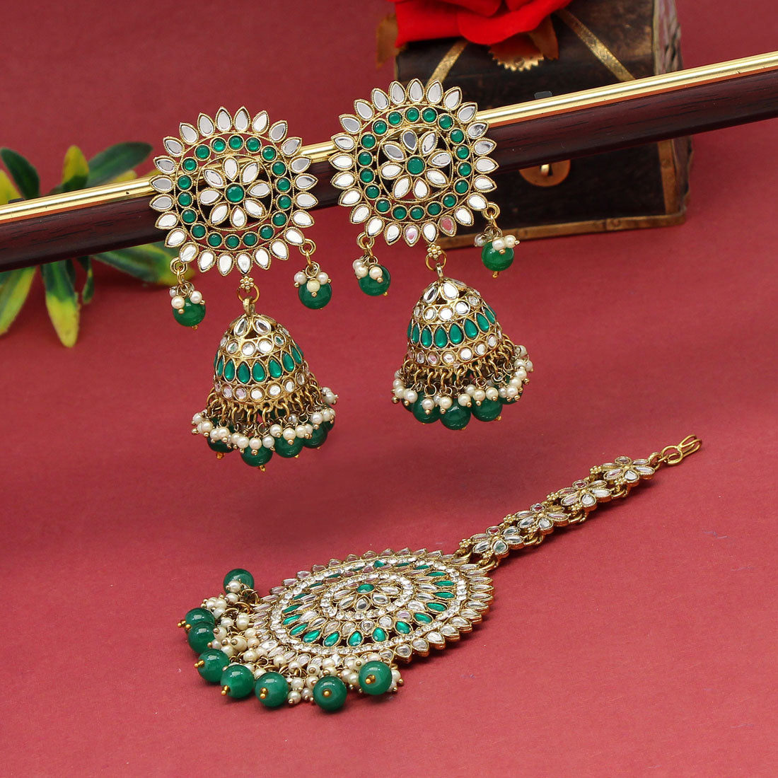 Green Color Mirror Kundan Earrings With Maang Tikka (MTKE460GRN) Jewellery GetGlit