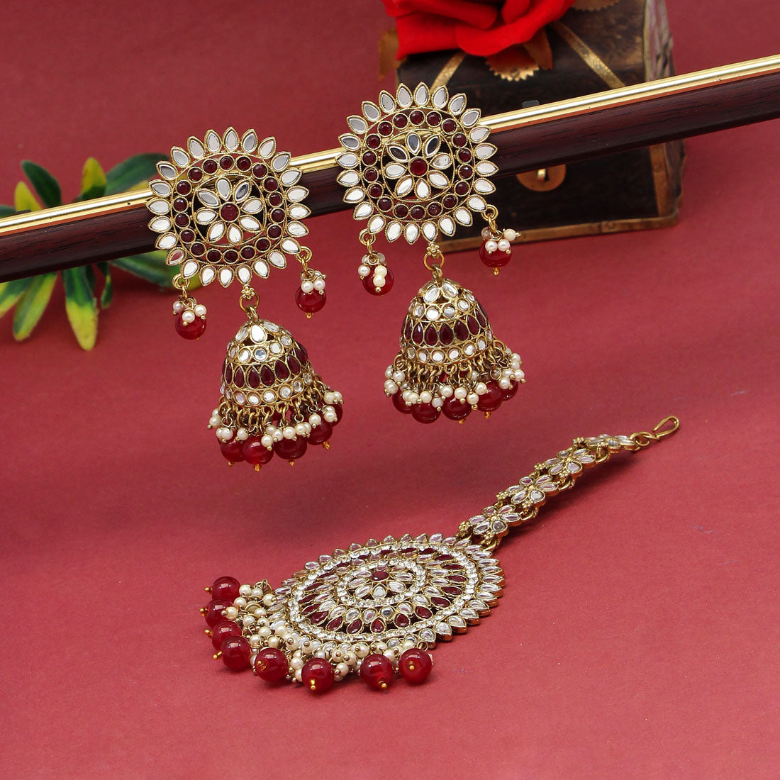 Maroon Color Mirror Kundan Earrings With Maang Tikka (MTKE460MRN) Jewellery GetGlit