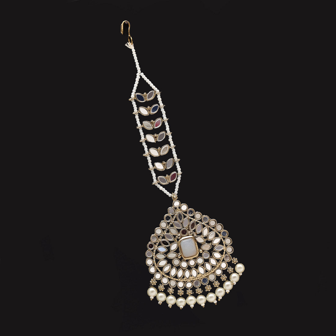 White Color Kundan Mirror Earrings With Maang Tikka Jewellery GlitStudio