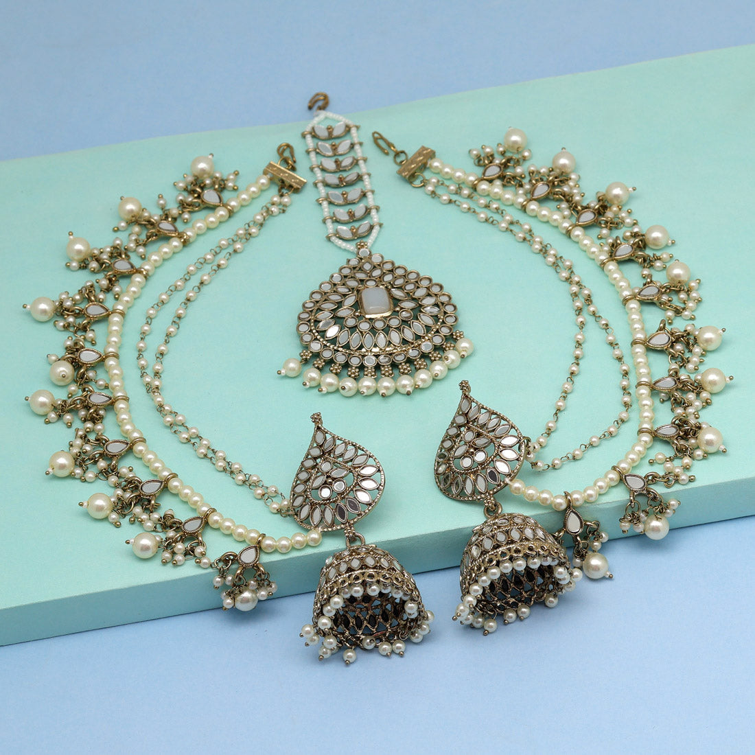 White Color Kundan Mirror Earrings With Maang Tikka (MTKE472WHT) Necklaces GetGlit   