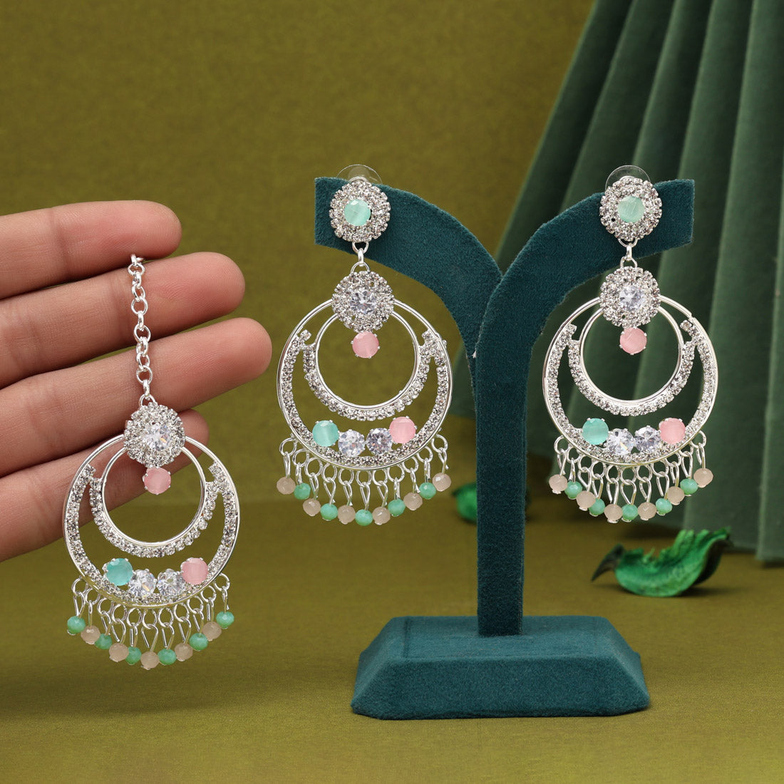 Multi Color Stone Earrings With Maang Tikka (MTKE475MLT) Jewellery GetGlit