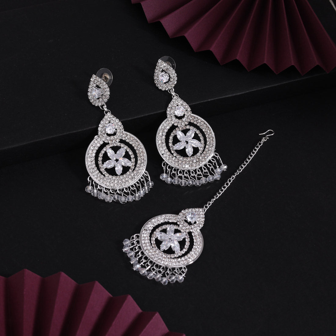 Silver Color Stone Earrings With Maang Tikka (MTKE477SLV) Jewellery GetGlit