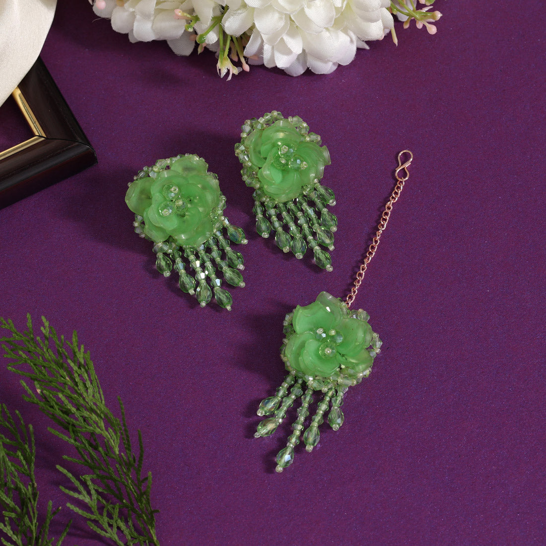 Parrot Green Color Stone Earrings With Maang Tikka (MTKE478PGRN) Jewellery GetGlit