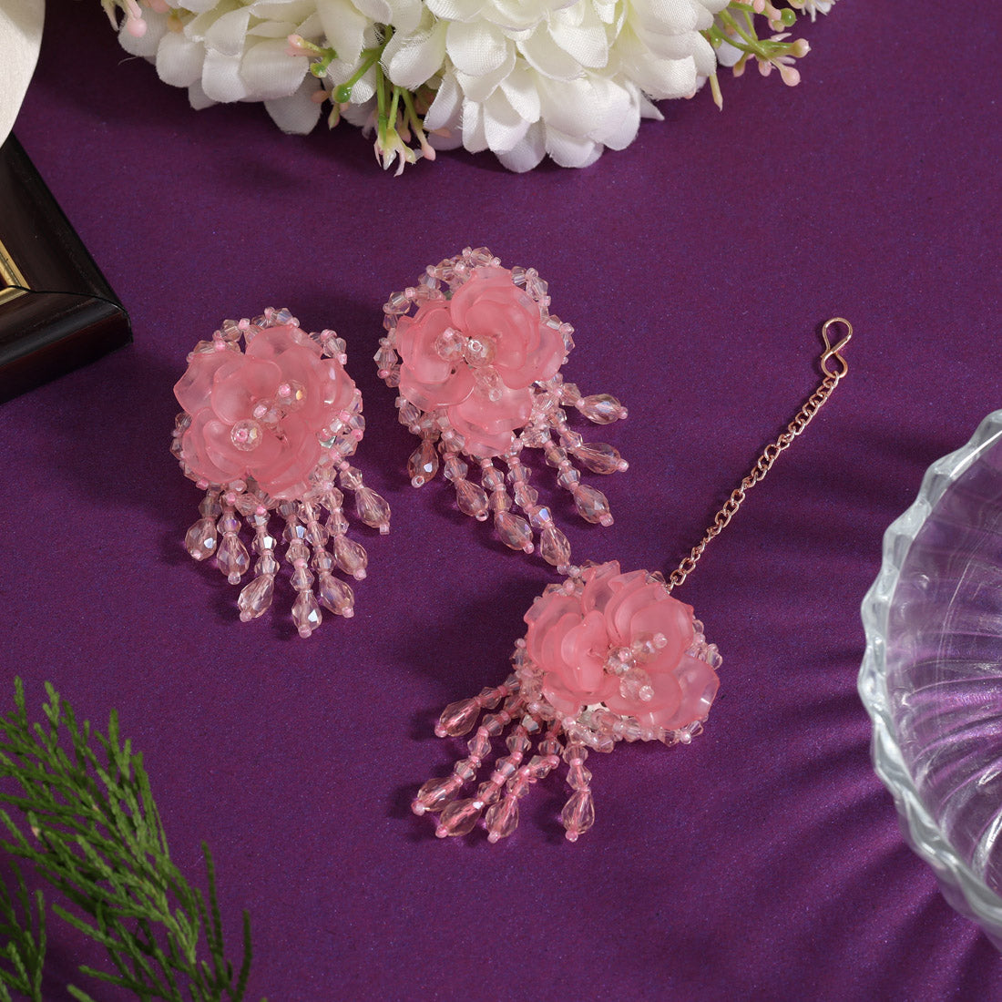 Pink Color Stone Earrings With Maang Tikka (MTKE478PNK) Jewellery GetGlit