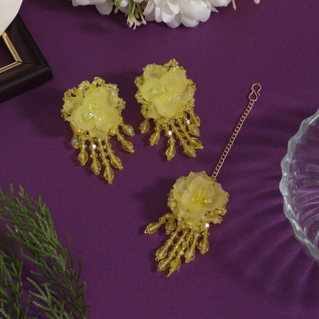 Yellow Color Stone Earrings With Maang Tikka (MTKE478YLW) Jewellery GetGlit