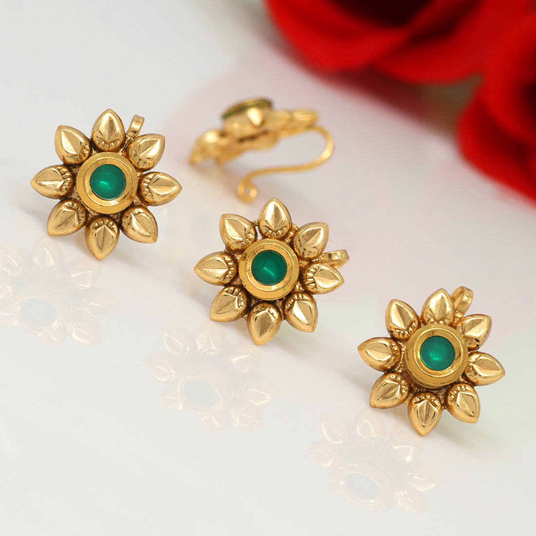 Green Color Kundan Nose Pin Combo Of 4 Pieces (NSP168CMB) Jewellery GetGlit