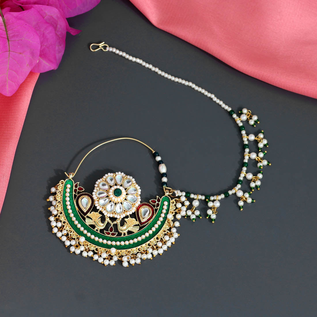 Green Color Kundan & Beads Nose Nath (NTH305GRN)