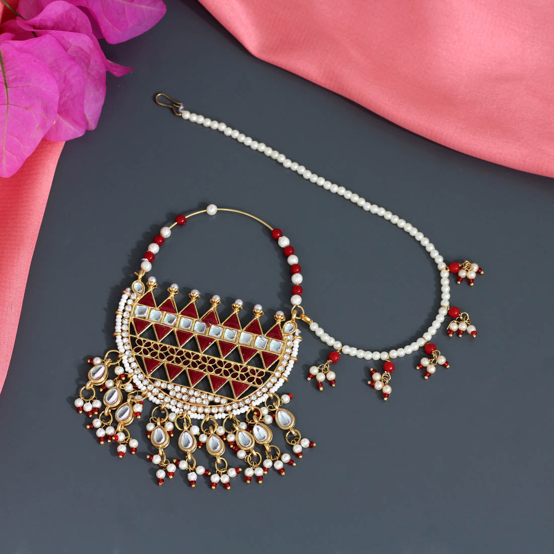 Maroon Color Kundan & Beads Nose Nath (NTH306MRN) Jewellery GetGlit   