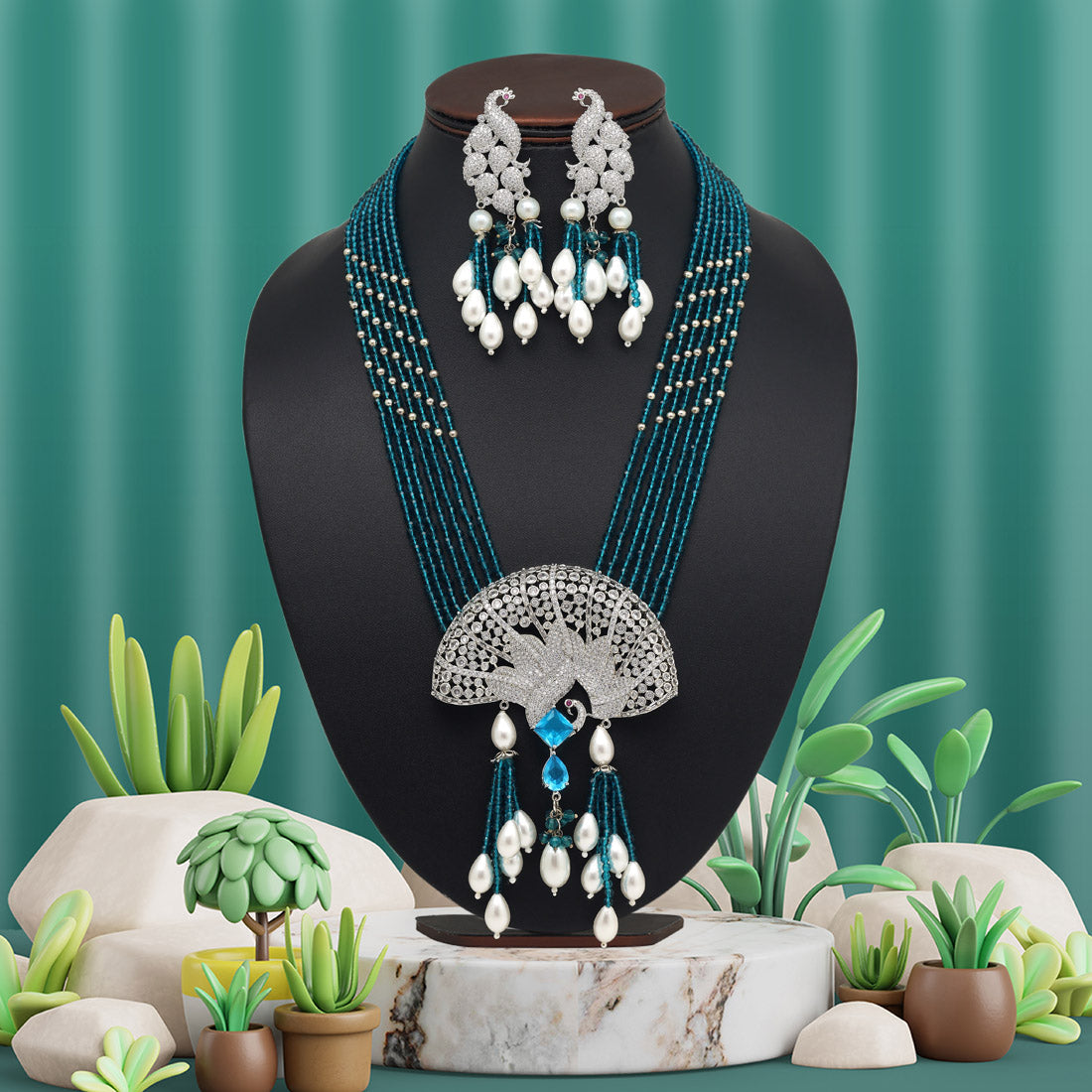 Turquoise Blue Color American Diamond Necklace Set Jewellery GlitStudio   