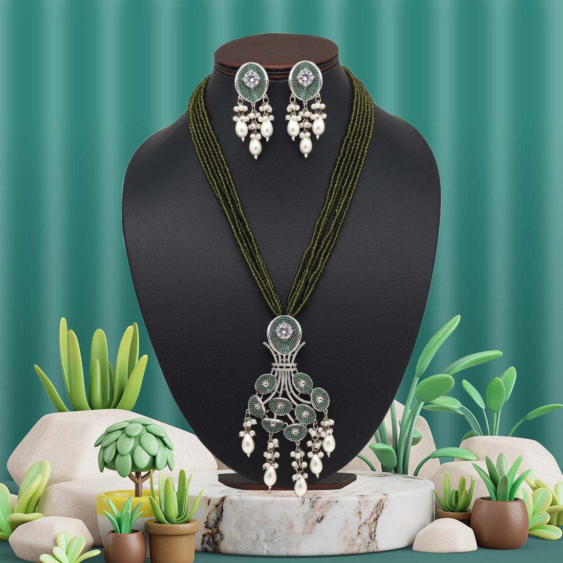 Mehandi Green Color American Diamond Necklace Set Jewellery GlitStudio   