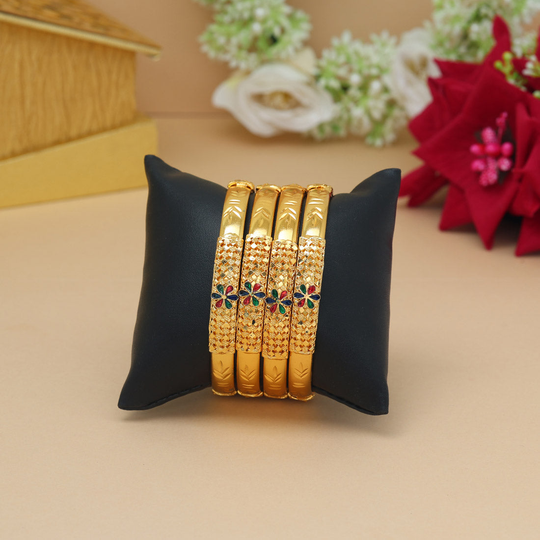 Gold Color Meena Work 1 Set Of Bangle Size: 2.4 (PLKB877GLD-2.4) Jewellery GetGlit