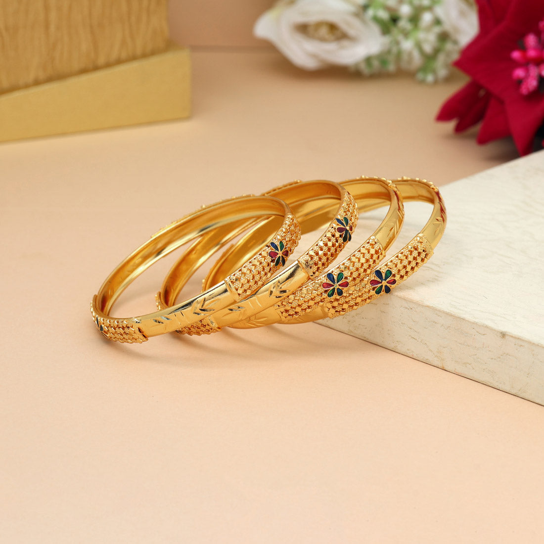 Gold Color Meena Work 1 Set Of Bangle Size: 2.6 (PLKB877GLD-2.6) Jewellery GetGlit